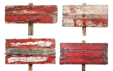 Set of four weathered wooden signs with peeling red paint, cut out