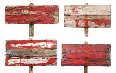 Set of four weathered wooden signs with peeling red paint, cut out