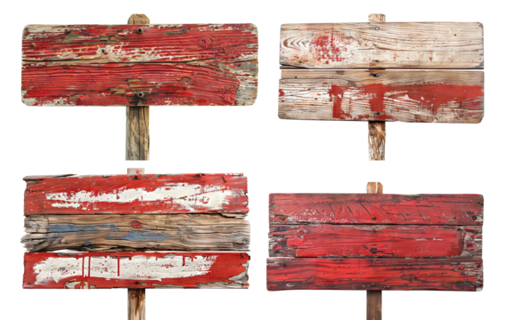 Set of four weathered wooden signs with peeling red paint, cut out