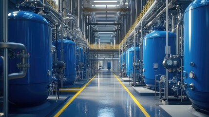 Fototapeta premium Blue tanks with intricate piping and gauges in a futuristic industrial factory, highlighting precision technology. No people.