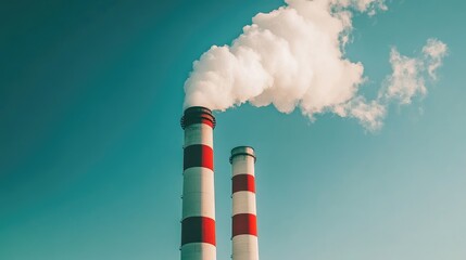 Close-up of a modern power plantas chimneys releasing smoke, with a blue sky backdrop, symbolizing energy and industrial output. No people.