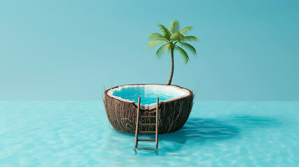 A whimsical pool nestled inside half a coconut, with a tiny ladder dipping into crystal-clear water. Generative AI