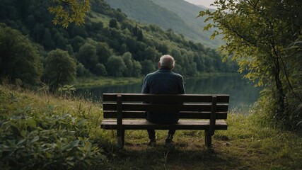 A person sitting on a bench by a tranquil lake surrounded by trees during a serene afternoon.