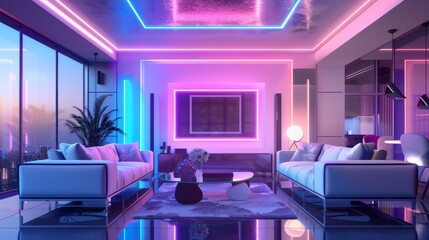 A stylish, futuristic living room featuring neon lighting, sleek furniture, and a panoramic city view from a high-rise apartment.