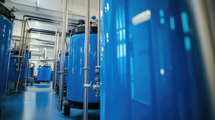 Obraz premium Close-up of blue industrial tanks with advanced piping in a modern factory, showcasing cutting-edge technology. No people.