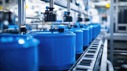 Close-up of blue tanks connected with advanced machinery in a modern factory, illustrating efficient production systems. No people.