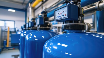 Close-up of blue tanks with advanced gauges and piping in a modern factory, showcasing high-tech equipment. No people.