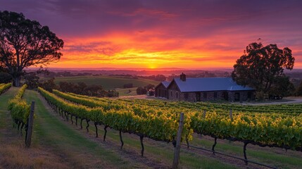 Fototapeta premium Stone Farmhouse Amidst a Vineyard at Sunset