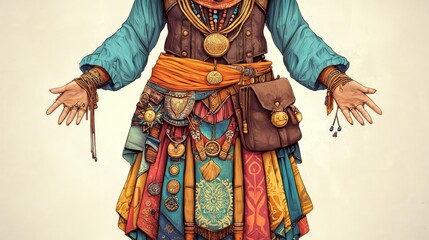 Obraz premium A vibrant character dressed in colorful attire, showcasing intricate accessories and a welcoming gesture, perfect for cultural themes.