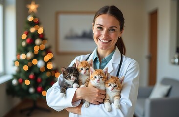 A female veterinarian holds kittens in her arms. There is a Christmas tree in the background....