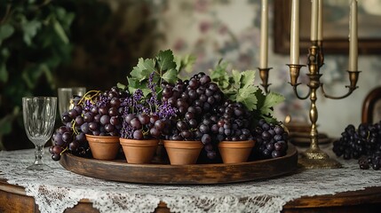 A lace-covered dining table with lavender sprigs in tiny clay pots, a wooden tray overflowing with dark grapes and greenery, vintage glassware and brass candleholders,