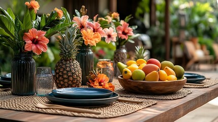 A lively tropical dining table with a woven table runner, hibiscus flowers in glass jars, a wooden bowl filled with fresh mangoes, papayas, and pineapples, colorful ceramic plates,