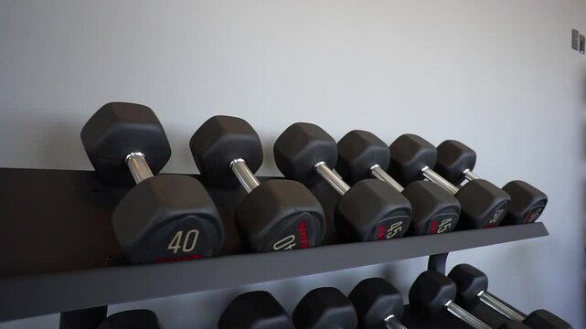 Estanter&iacute;a de mancuernas de un gimnasio 