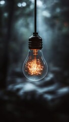 Glowing Vintage Light Bulb Hanging in Atmospheric Dark Forest, Nature and Electricity Concept