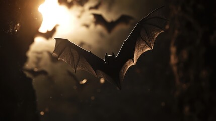 Naklejka premium A swarm of bats flying through a dimly lit cave with a glowing background.