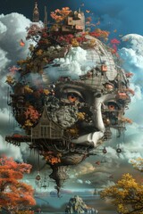 A painting of a face with a mountain in the background