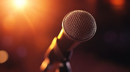 Obraz premium A close-up of a microphone against a blurred background with warm lighting.