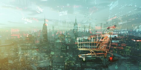 Futuristic Shopping Concept with Digital Overlay and Cityscape Background