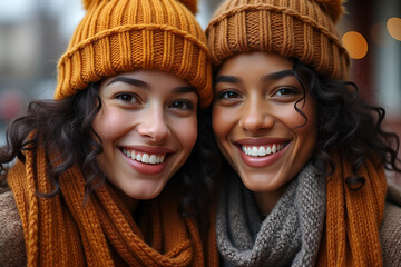 Happy afro-american women wearing cozy hats and scarves, looking and smiling at camera