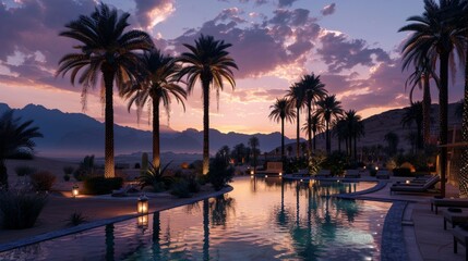 Obraz premium Twilight Oasis Serene Desert Pool with Palm Trees Reflecting the Last Light of Day
