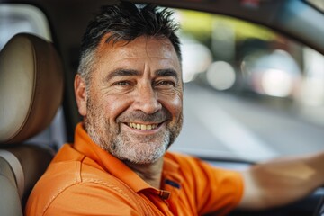 Positive middle aged businessman driving his luxury auto, looking through open window and smiling, going home after working day