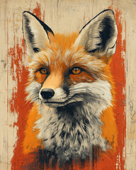 serene fox gaze captured with minimalist geometric lines and bold orange shades on a textured backdrop