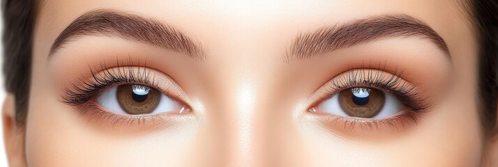 Close-up Of Beautiful Woman Eyes With Long Black Lashes And Perfect Eyebrows. Natural Daily Makeup