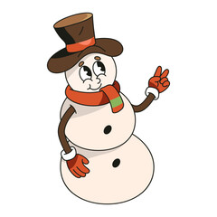 Retro snowman icon for New Year or Christmas holidays. Vector funny clipart. Comic snowy personage with hat and scarf, peaceful emoji. Cartoon snow man character. Symbol of winter holidays.