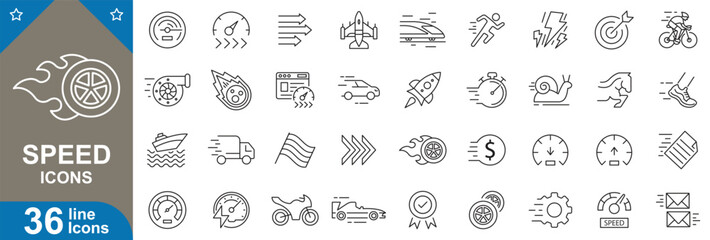 Speed outline icons set. Slow, normal, fast, turbo, loading, boost, speedometer, high velocity and more. vector illustrator.
