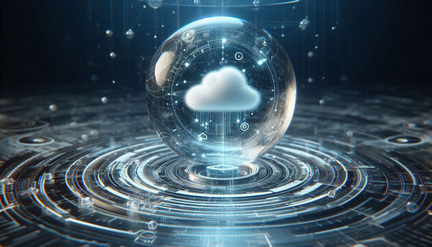 Digital informational technology web futuristic hologram with cloud. Empty glass snow bal