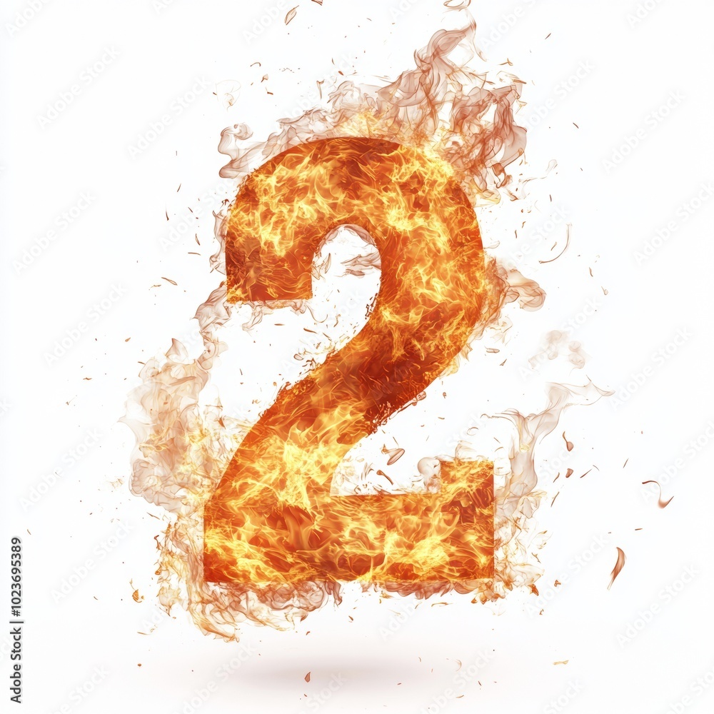 Poster fire effect forming the number 2 isolated on a white background