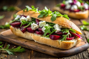 Healthy and delicious beet and goat cheese sandwich with arugula on rustic baguette