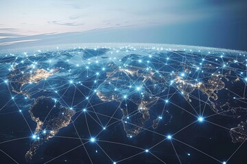 Aerial view of Earth at night showcasing interconnected digital data points and illuminated cities, representing global network connectivity.