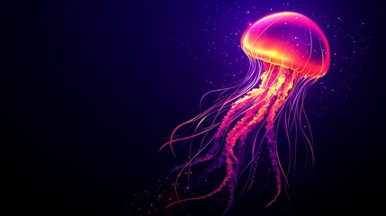 Glowing Neon Pink and Orange Jellyfish on a Dark Background, Digital Art Illustration