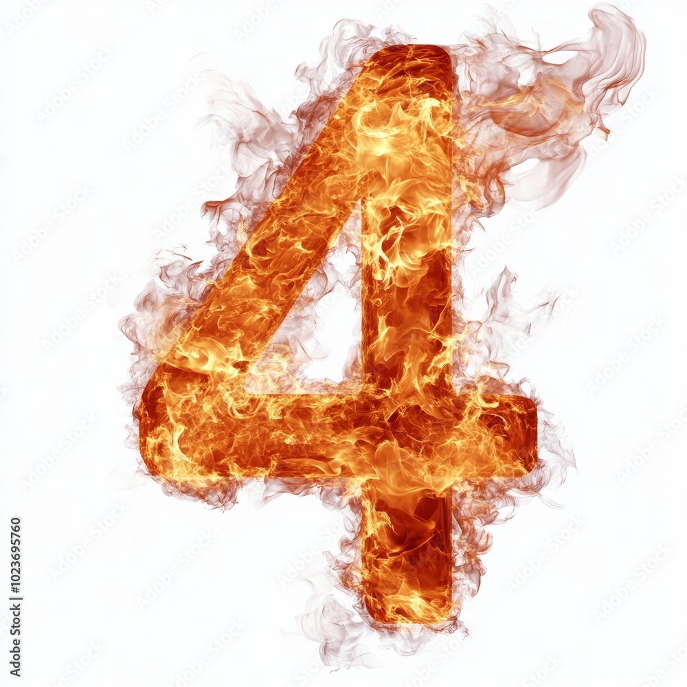 Poster fire effect forming the number 4 isolated on a white background