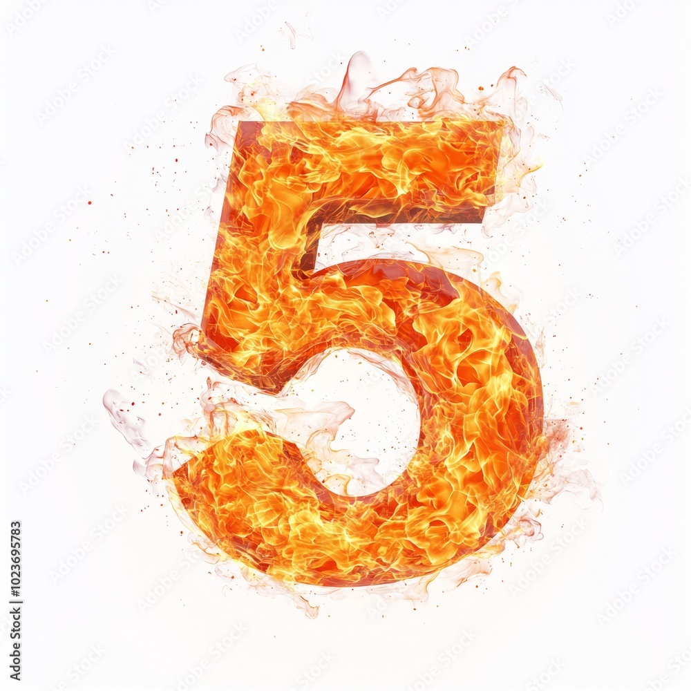 Poster fire effect forming the number 5 isolated on a white background