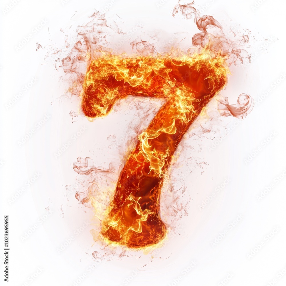 Poster fire effect forming the number 7 isolated on a white background