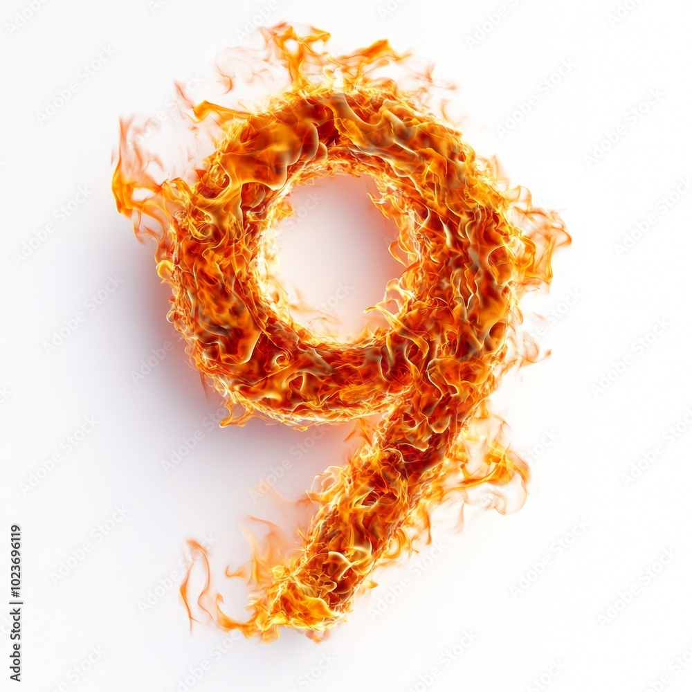 Poster fire effect forming the number 9 isolated on a white background
