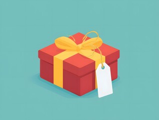 Obraz premium Bright red gift box with a yellow ribbon and blank tag, perfect for holidays or celebrations, set against a soft turquoise background.