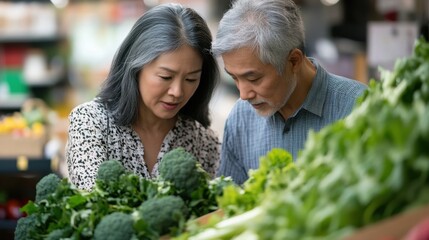 A middle-aged Asian couple in their 50s both with graying hair examining fresh vegetables at a neighborhood grocery store.