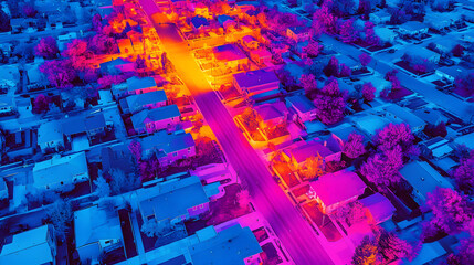 Heatmap of a suburban neighborhood, with vibrant colors showing the most densely populated streets and cooler tones in the quieter, residential areas. 4K hyperrealistic photo.