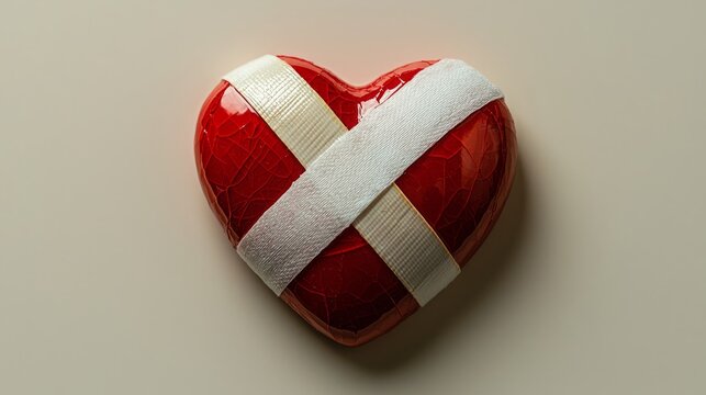 A red heart-shaped object is taped up with white tape, symbolizing a mended heart. anti valentines concept