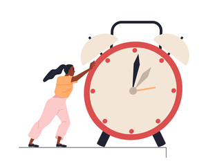 Time management. Woman with large clocks. Office employee with burning deadlines. Organizing effective work process and planning. Flat vector illustration isolated on white background