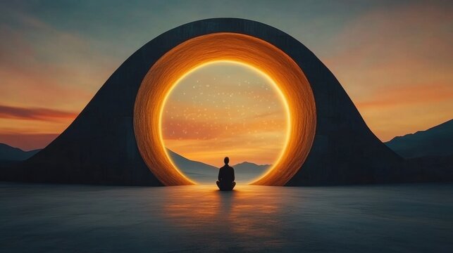 A person meditates before a glowing portal at sunset, embracing tranquility and wonder, AI