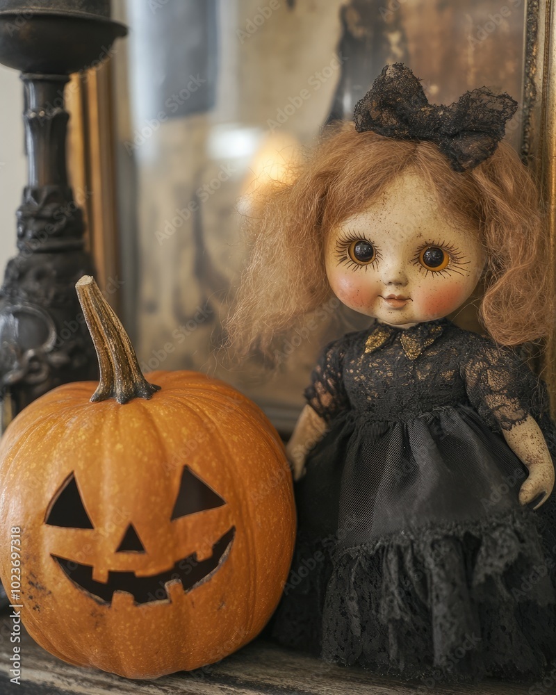 Canvas Prints vintage spooky doll and pumpkin decoration