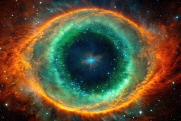 Abstract fisheye orange green ring nebula in space