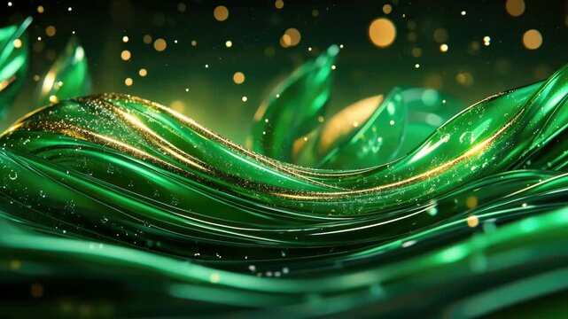 Glowing emerald waves: abstract green glass art with golden highlights