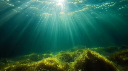 Fototapeta premium Rias Baixas, Spain; natural scene: algae submerged in the Atlantic Ocean, receiving sunshine.