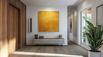 Elegant entryway with natural wood textures, contemporary furnishings, and mock-up yellow artwork that creates a warm and lively atmosphere. interior design. 