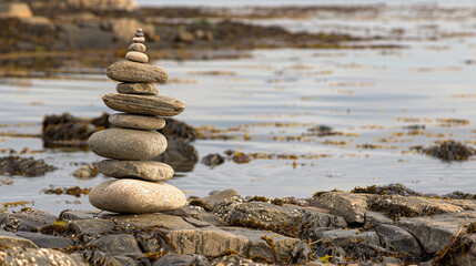 A close-up of a small stone tower balanced on a quiet, rocky shore, with no other signs of life around.
